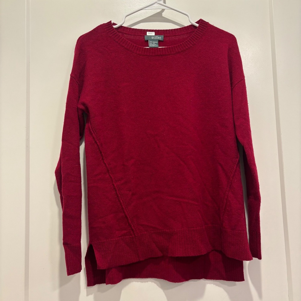 Griffen Cashmere Red Crew Neck Sweater Womens XS High Low Hem Pullover